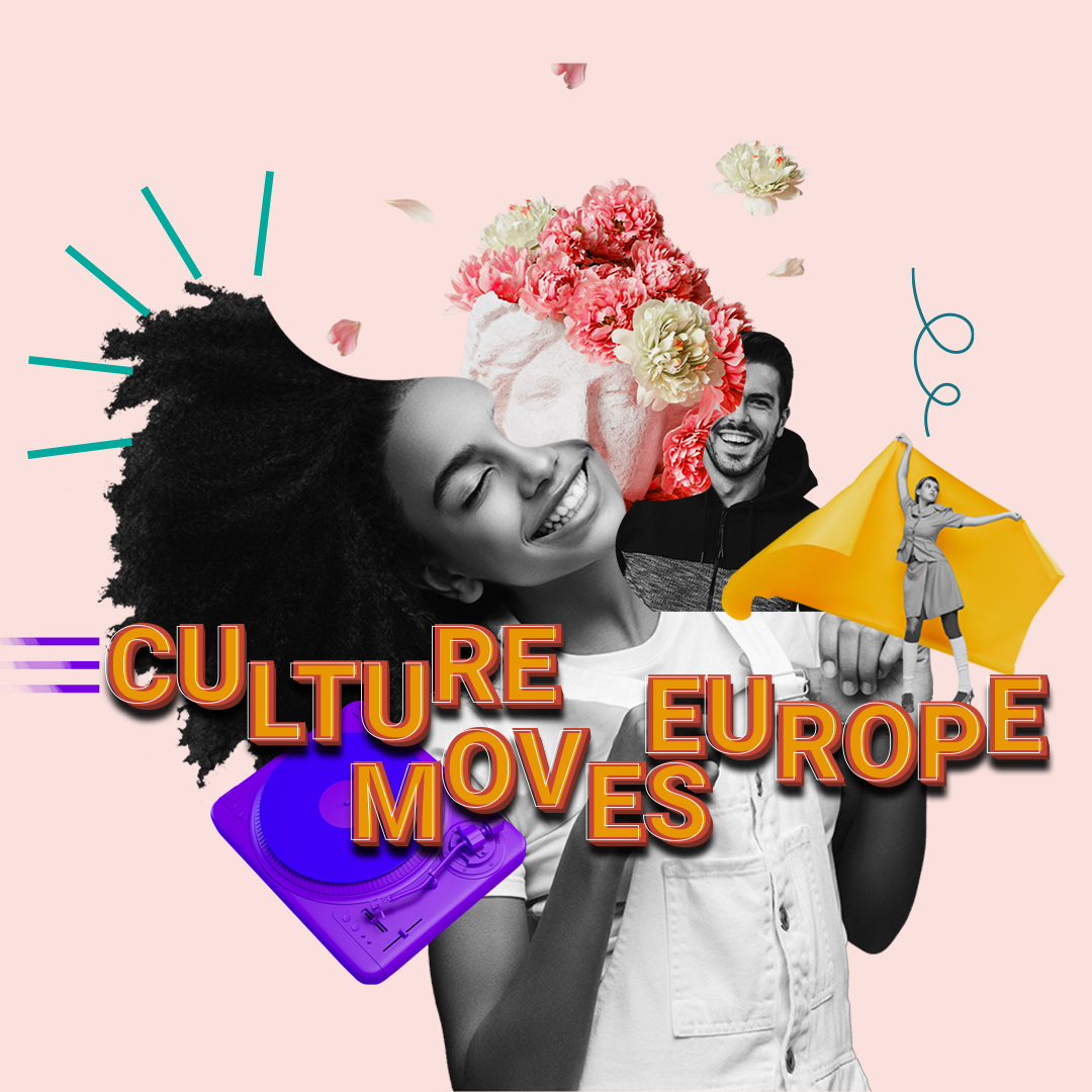 Imagen de la convocatoria Culture Moves Europe. Collage de rostros y elementos artísticos (tocadistcos, flores, escultura, etc.) sobre fondo rosado.