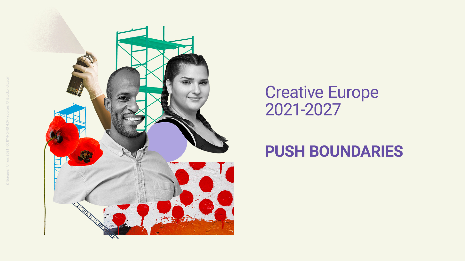 Collage compuesto por los perfiles de un chico y una chica y elementos creativos. Texto: Creative Europe 2021-2027. Push boundaries.